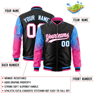 Custom Black Powder Blue-Pink Gaglan Sleeve Gradient Varsity Full-Zip Letterman Bomber Jacket