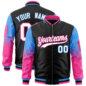 Custom Black Powder Blue-Pink Gaglan Sleeve Gradient Varsity Full-Zip Letterman Bomber Jacket