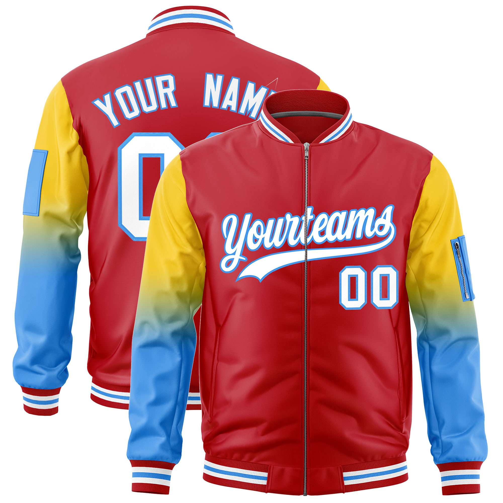 Custom Red Gold-Powder Blue Gaglan Sleeve Gradient Varsity Full-Zip Letterman Bomber Jacket