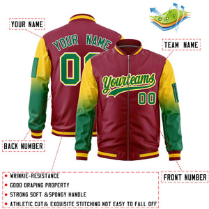 Custom Crimson Gold-Kelly Green Gaglan Sleeve Gradient Varsity Full-Zip Letterman Bomber Jacket