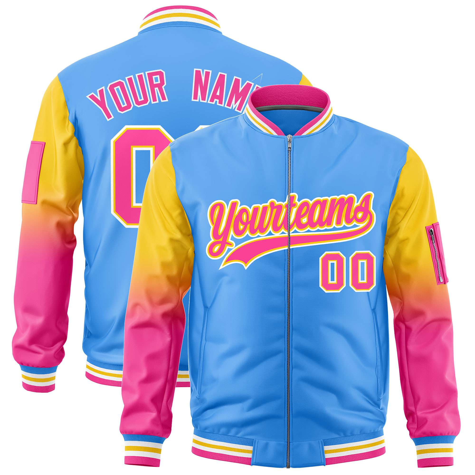 Custom Powder Blue Gold-Pink Gaglan Sleeve Gradient Varsity Full-Zip Letterman Bomber Jacket