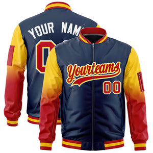 Custom Navy Gold-Red Gaglan Sleeve Gradient Varsity Full-Zip Letterman Bomber Jacket