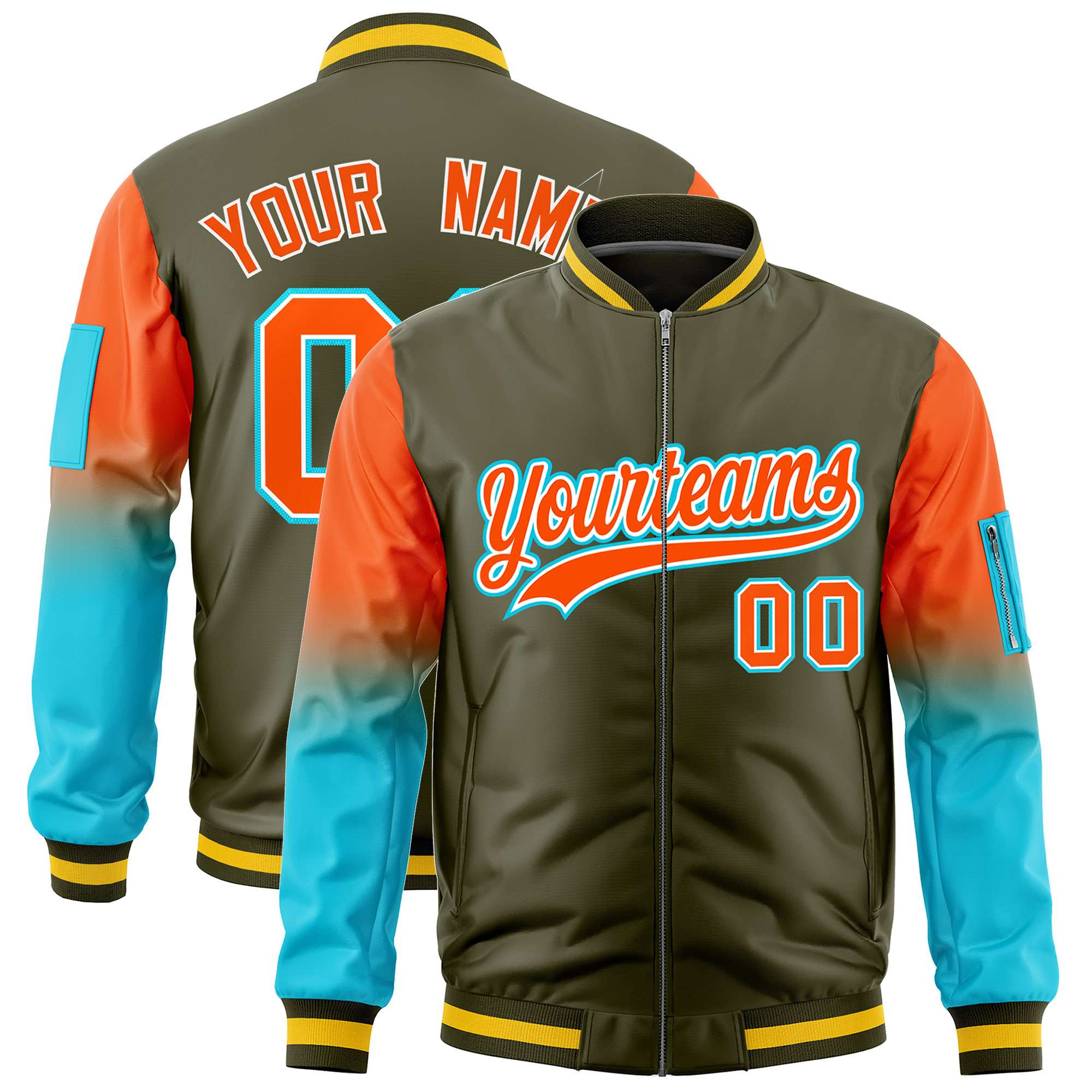 Custom Olive Orange-Sky Blue Gaglan Sleeve Gradient Varsity Full-Zip Letterman Bomber Jacket