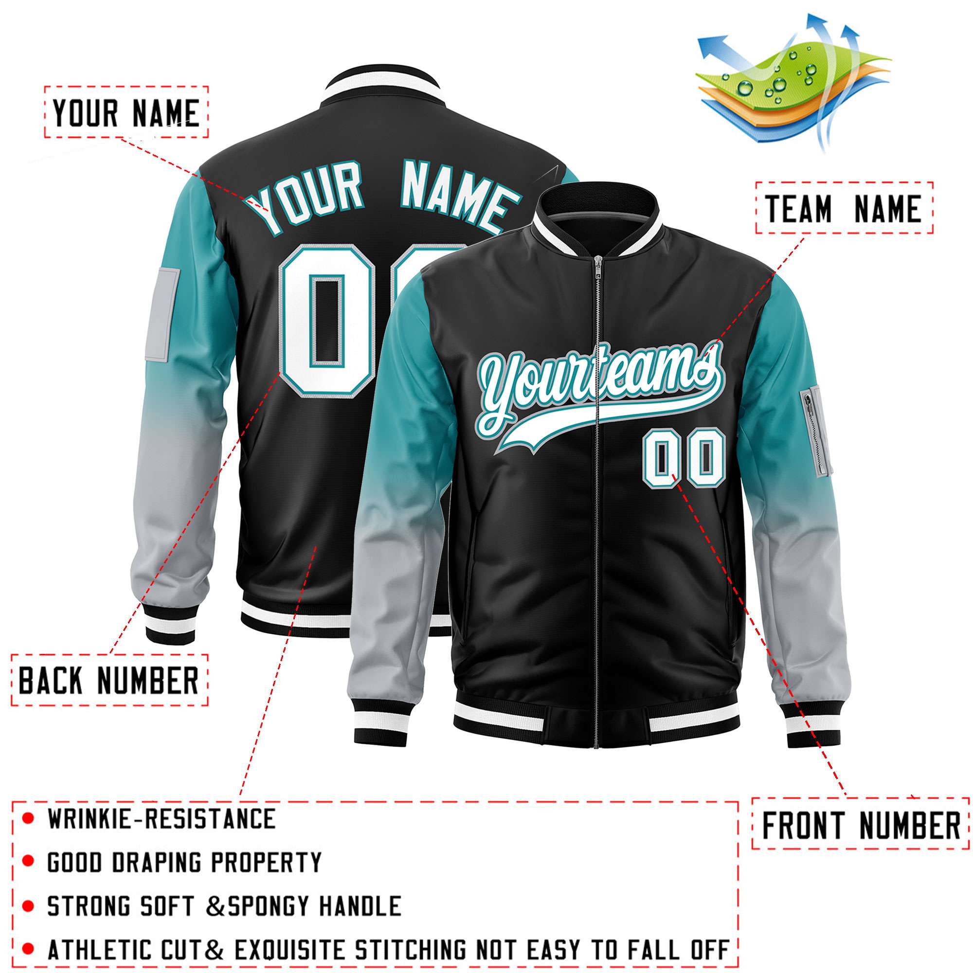 Custom Black Aqua-Silver Gaglan Sleeve Gradient Varsity Full-Zip Letterman Bomber Jacket