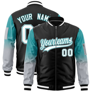 Custom Black Aqua-Silver Gaglan Sleeve Gradient Varsity Full-Zip Letterman Bomber Jacket