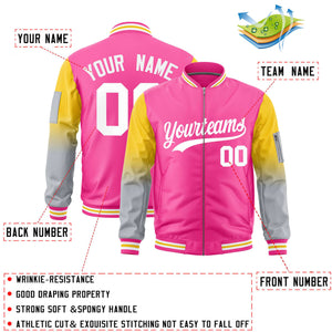 Custom Pink Gold-Silver Gaglan Sleeve Gradient Varsity Full-Zip Letterman Bomber Jacket