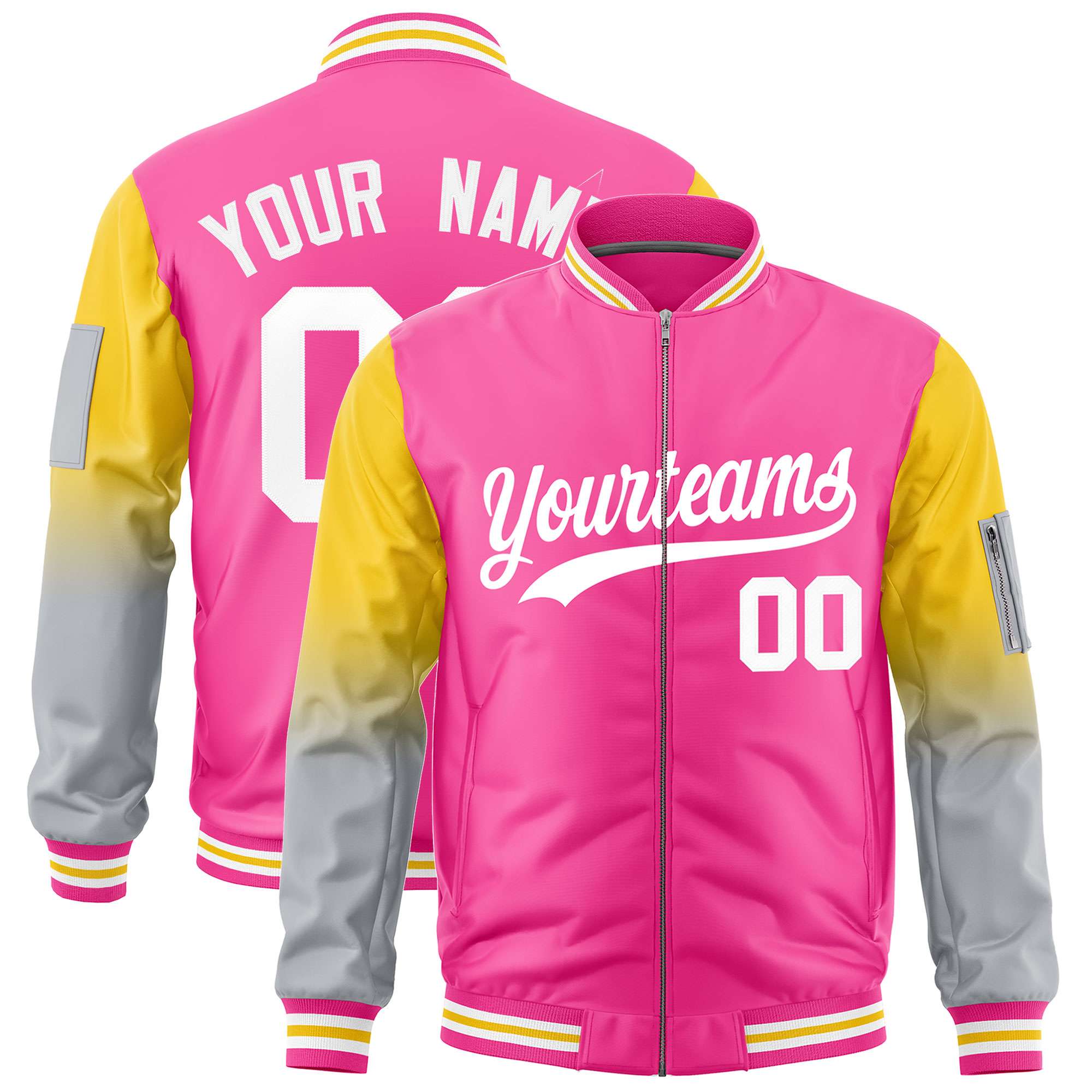 Custom Pink Gold-Silver Gaglan Sleeve Gradient Varsity Full-Zip Letterman Bomber Jacket