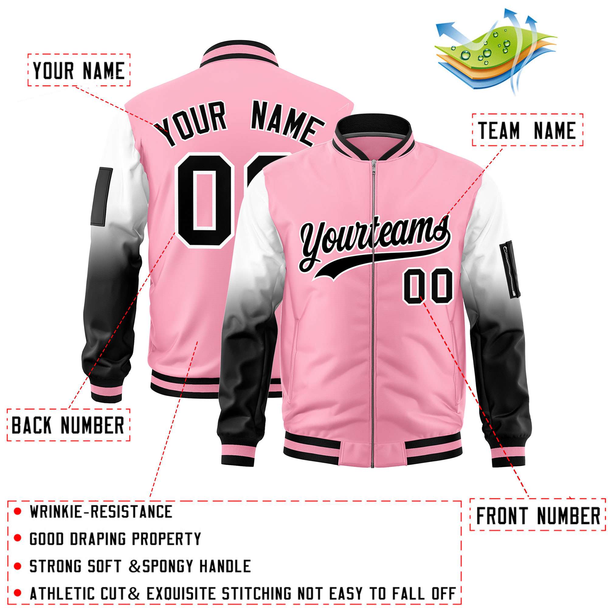 Custom Light Pink White-Black Gaglan Sleeve Gradient Varsity Full-Zip Letterman Bomber Jacket