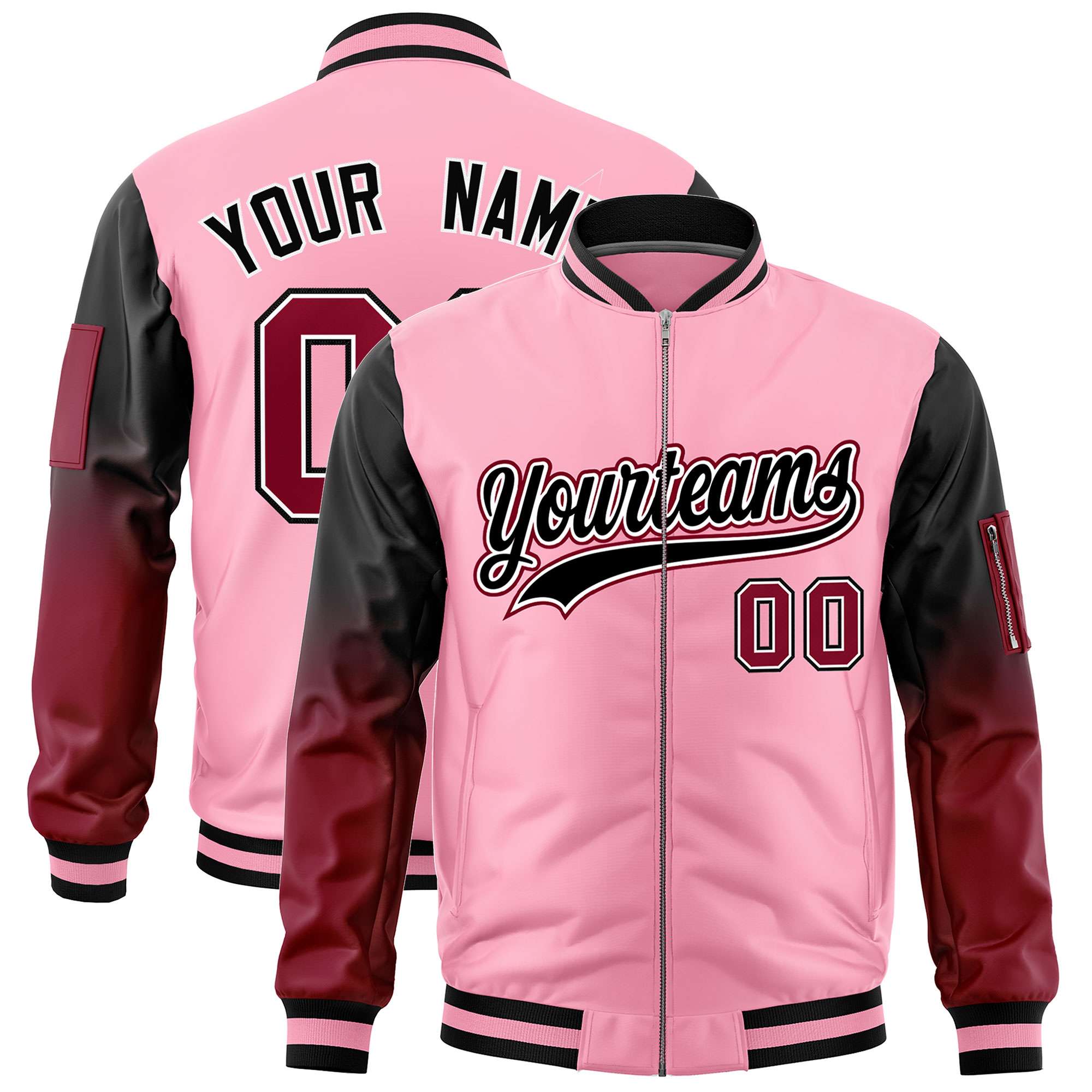 Custom Light Pink Black-Crimson Gaglan Sleeve Gradient Varsity Full-Zip Letterman Bomber Jacket