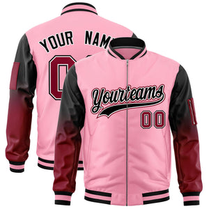 Custom Light Pink Black-Crimson Gaglan Sleeve Gradient Varsity Full-Zip Letterman Bomber Jacket