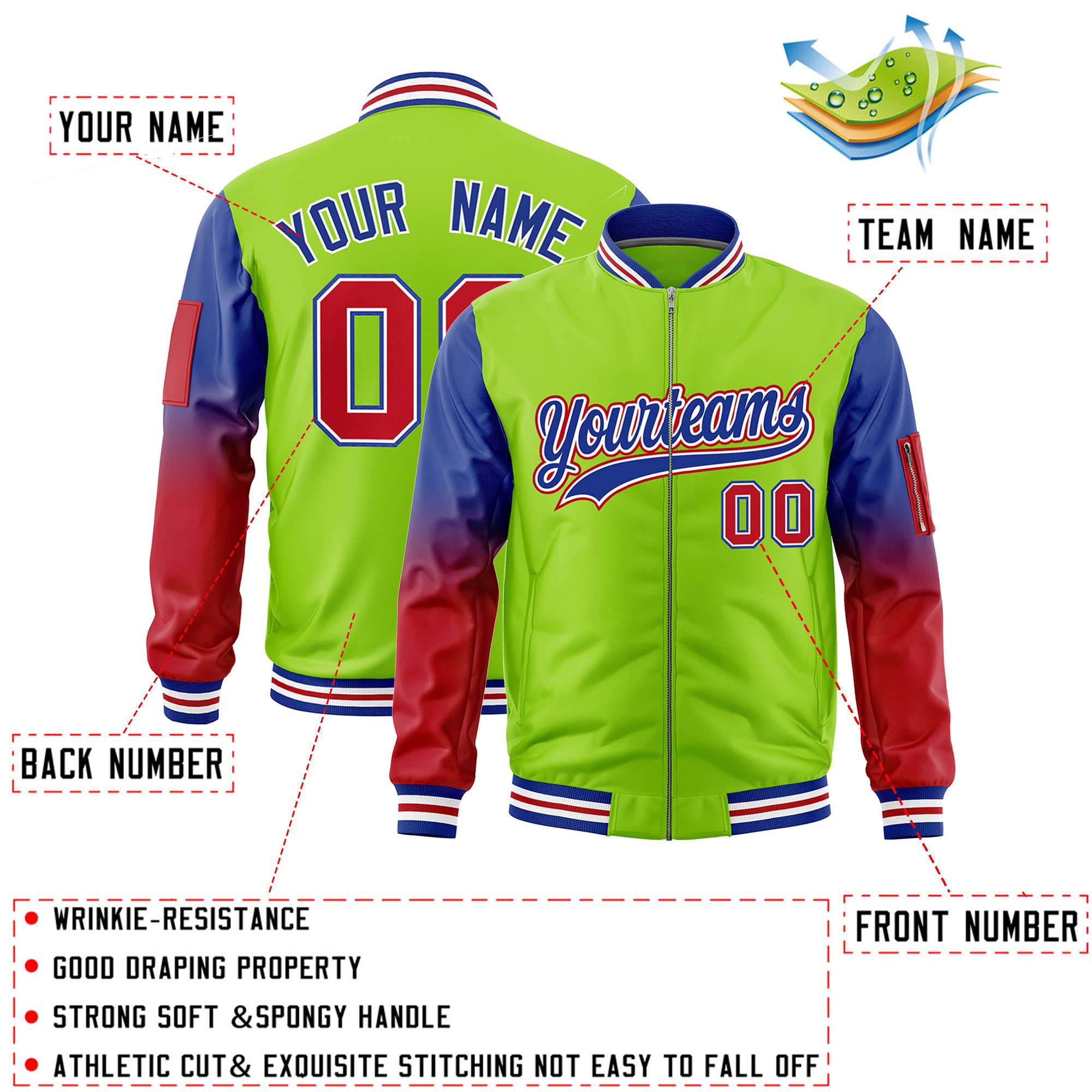 Custom Neon Green Royal-Red Gaglan Sleeve Gradient Varsity Full-Zip Letterman Bomber Jacket