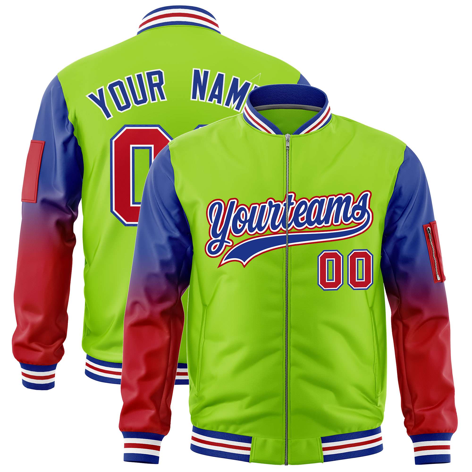 Custom Neon Green Royal-Red Gaglan Sleeve Gradient Varsity Full-Zip Letterman Bomber Jacket