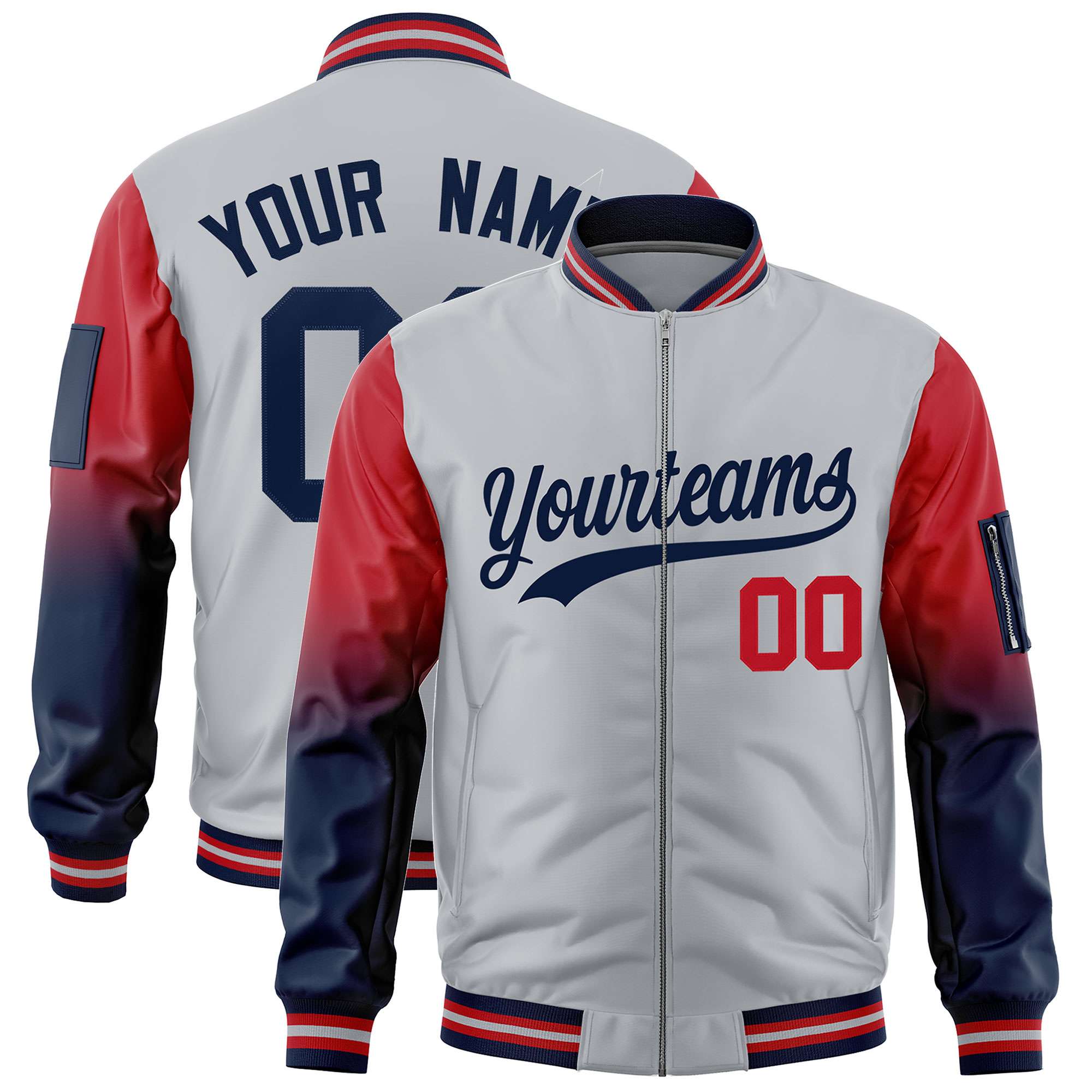 Custom Silver Red-Navy Gaglan Sleeve Gradient Varsity Full-Zip Letterman Bomber Jacket