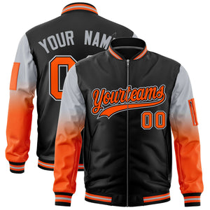 Custom Black Silver-Orange Gaglan Sleeve Gradient Varsity Full-Zip Letterman Bomber Jacket