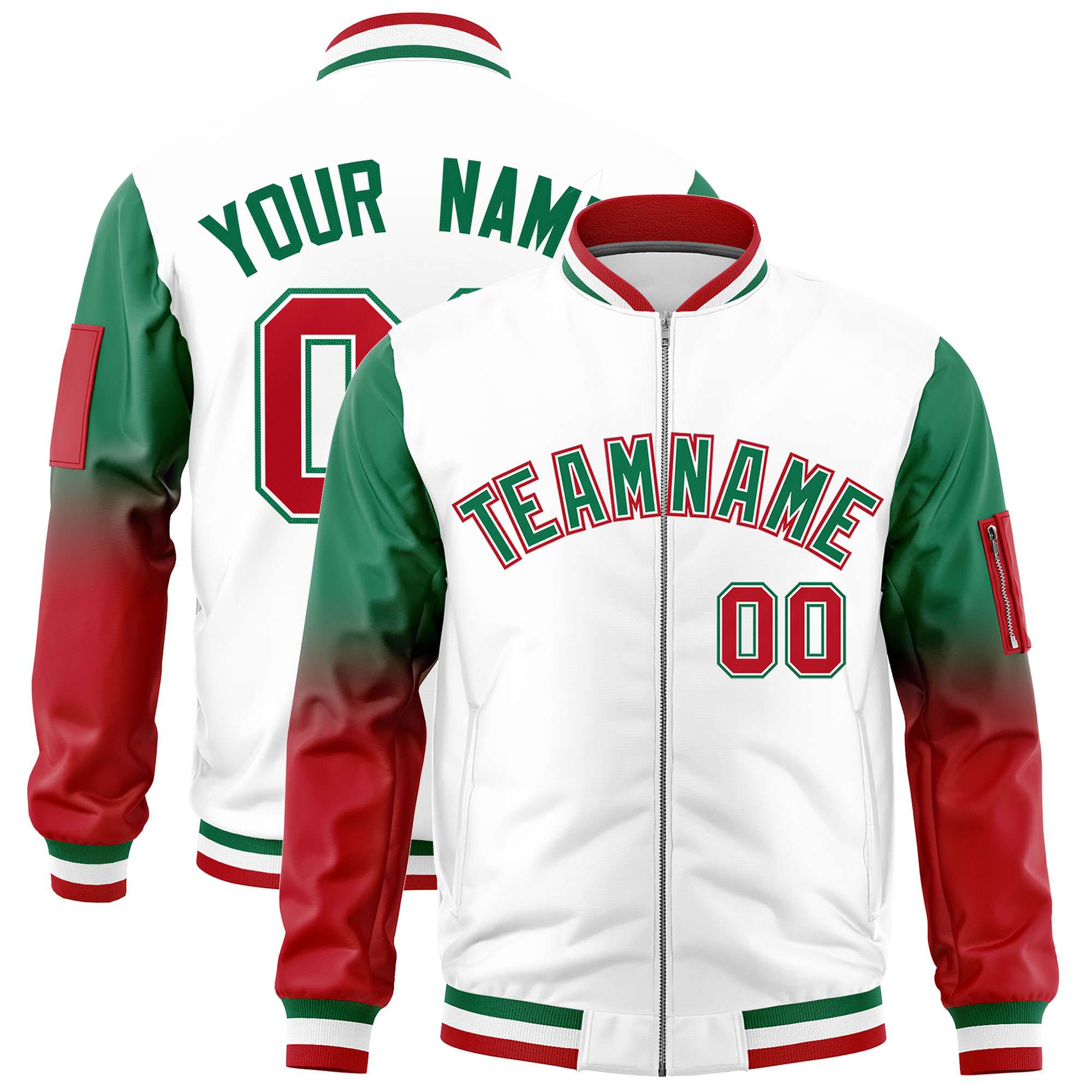 Custom White Kelly Green-Red Gaglan Sleeve Gradient Varsity Full-Zip Letterman Bomber Jacket