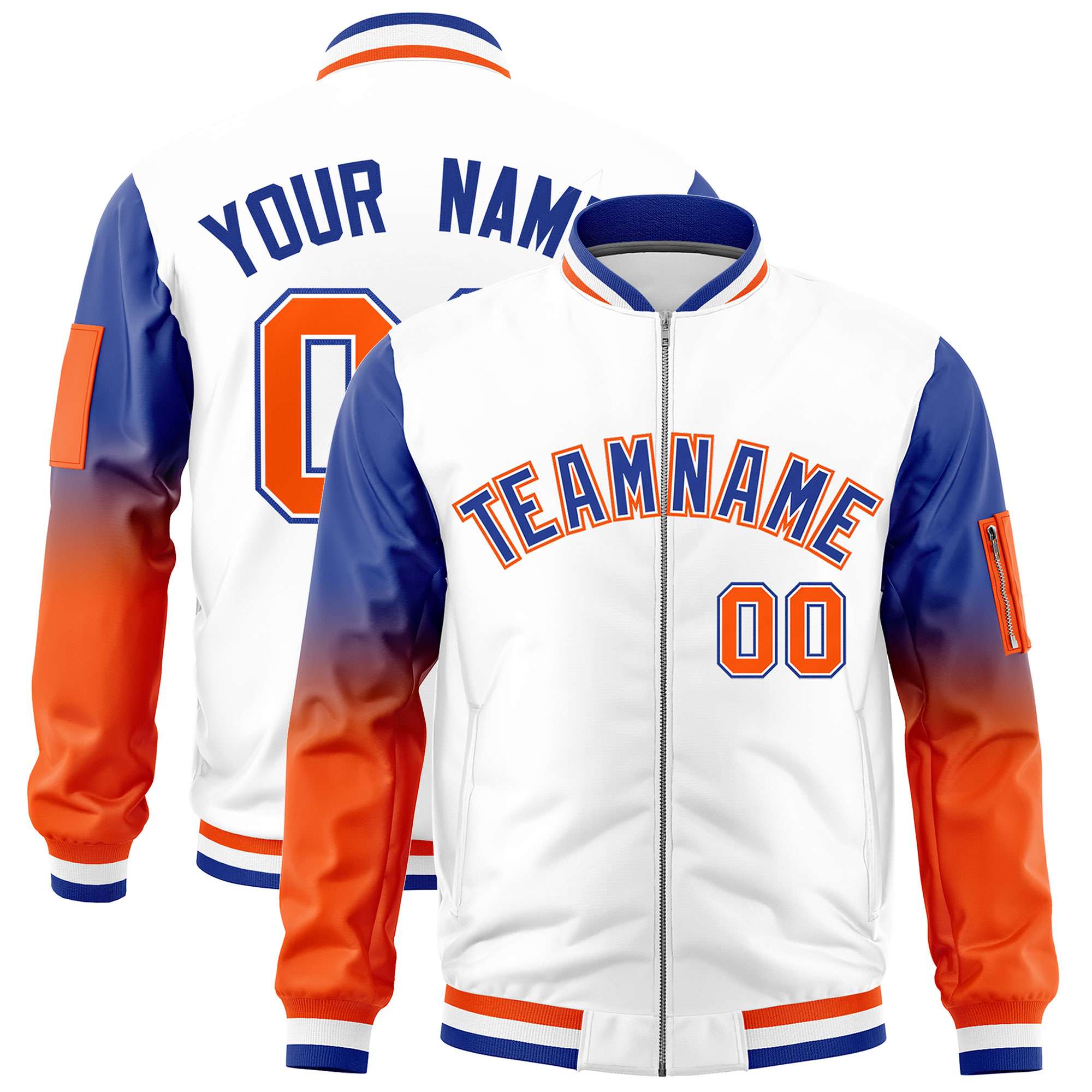 Custom White Royal-Orange Gaglan Sleeve Gradient Varsity Full-Zip Letterman Bomber Jacket