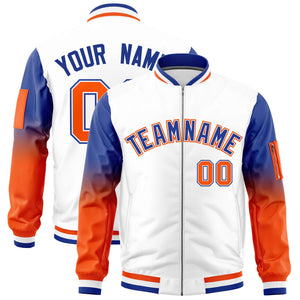 Custom White Royal-Orange Gaglan Sleeve Gradient Varsity Full-Zip Letterman Bomber Jacket