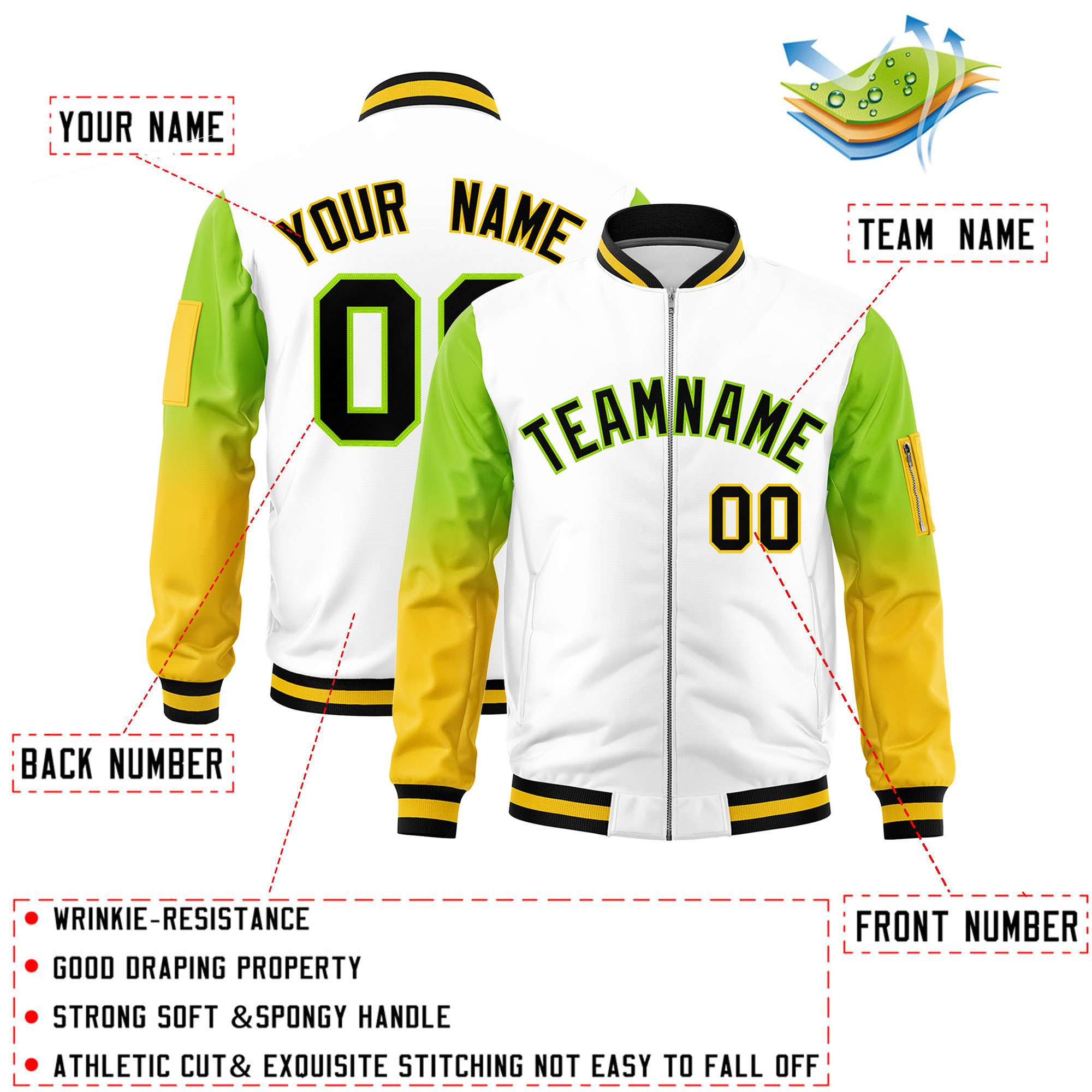 Custom White Neon Green-Gold Gaglan Sleeve Gradient Varsity Full-Zip Letterman Bomber Jacket