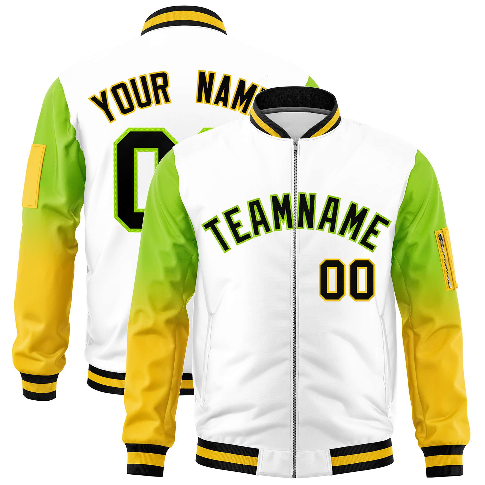 Custom White Neon Green-Gold Gaglan Sleeve Gradient Varsity Full-Zip Letterman Bomber Jacket