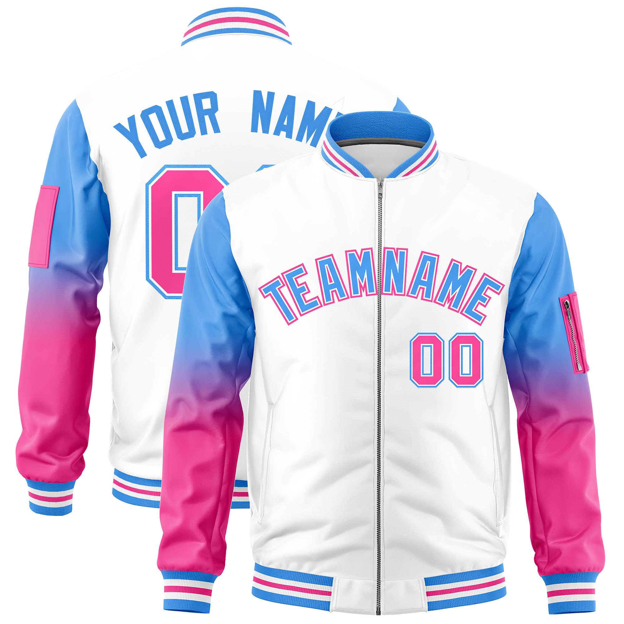 Custom White Powder Blue-Pink Gaglan Sleeve Gradient Varsity Full-Zip Letterman Bomber Jacket