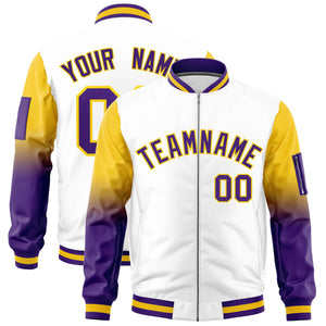 Custom White Gold-Purple Gaglan Sleeve Gradient Varsity Full-Zip Letterman Bomber Jacket