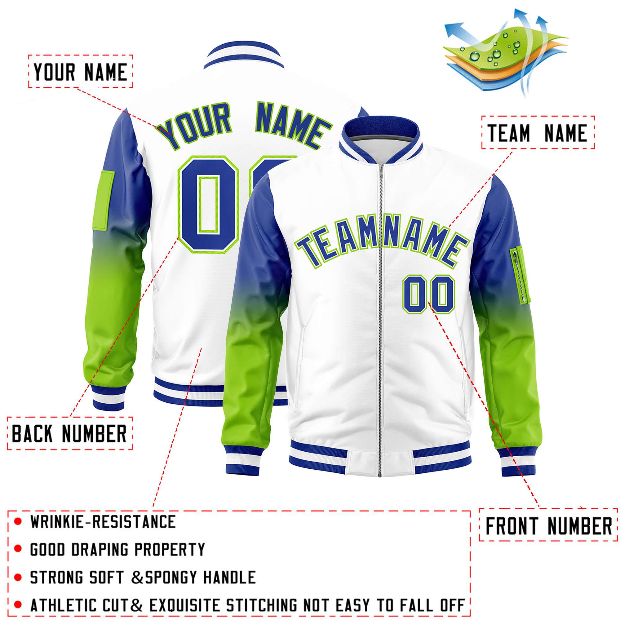 Custom White Royal-Neon Green Gaglan Sleeve Gradient Varsity Full-Zip Letterman Bomber Jacket