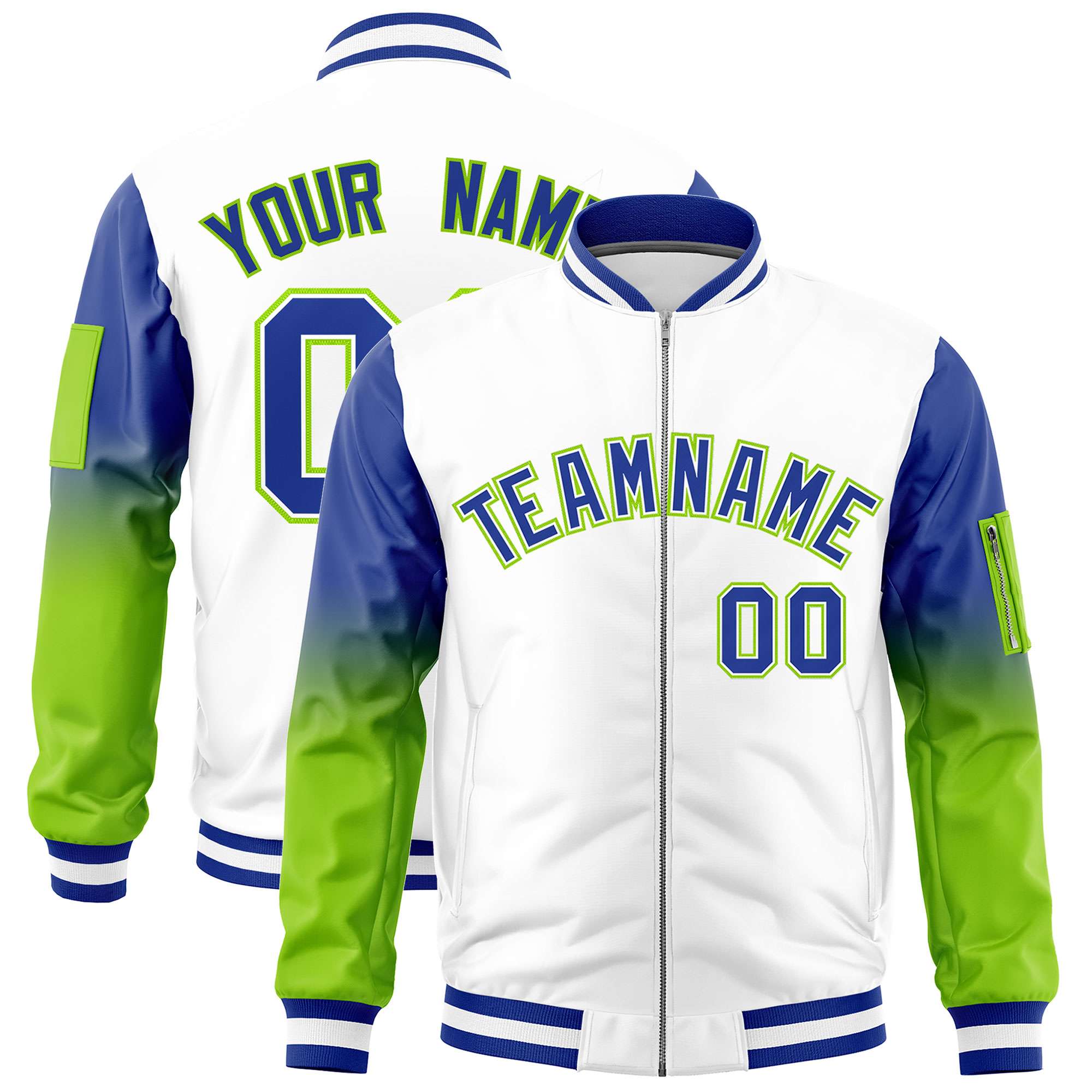 Custom White Royal-Neon Green Gaglan Sleeve Gradient Varsity Full-Zip Letterman Bomber Jacket