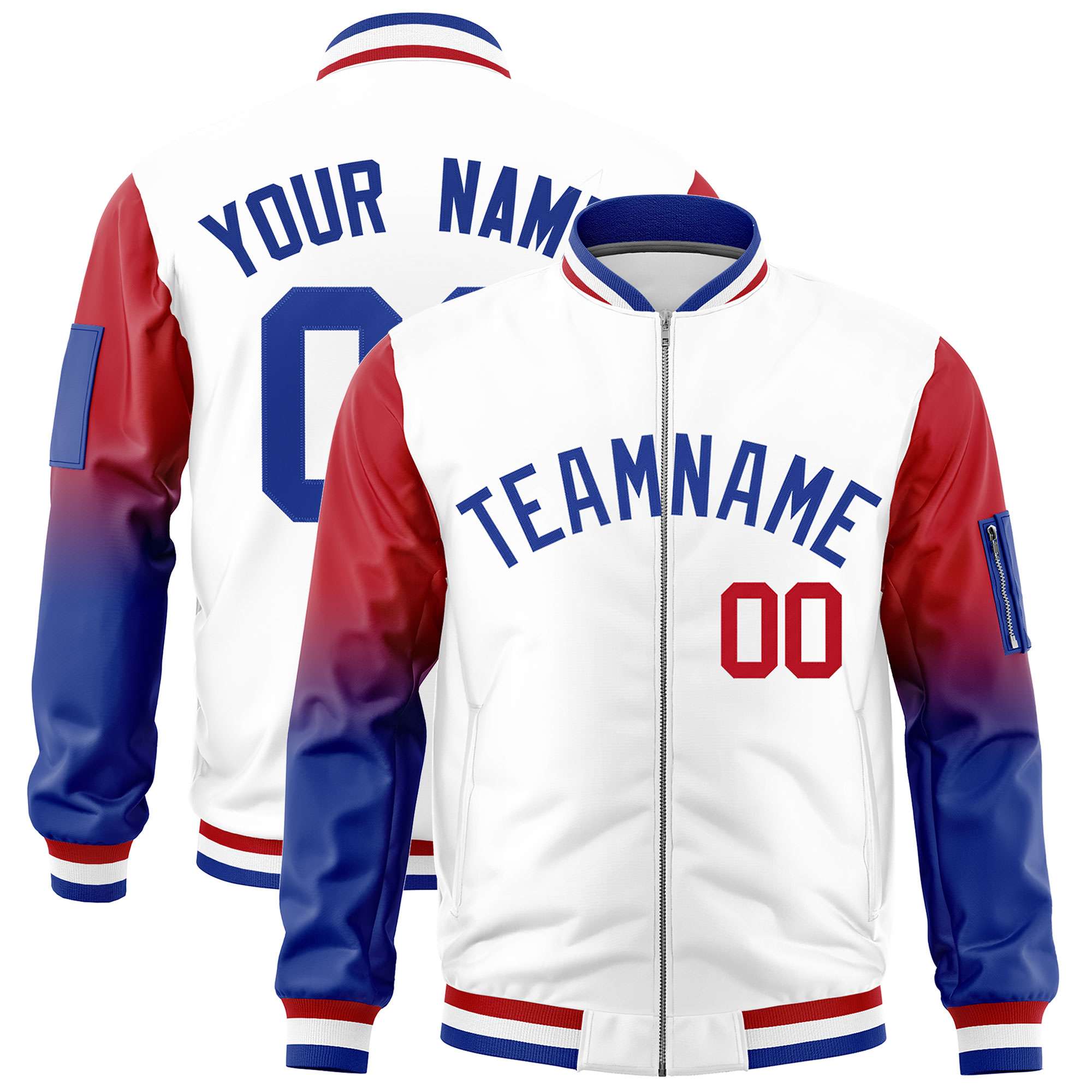 Custom White Red-Royal Gaglan Sleeve Gradient Varsity Full-Zip Letterman Bomber Jacket