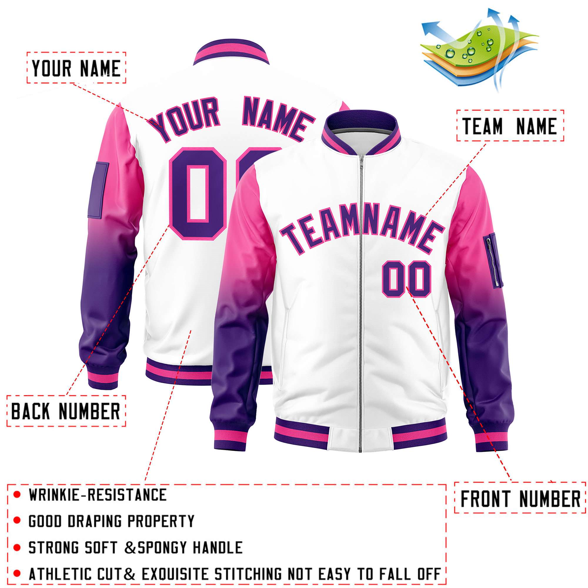 Custom White Pink-Purple Gaglan Sleeve Gradient Varsity Full-Zip Letterman Bomber Jacket