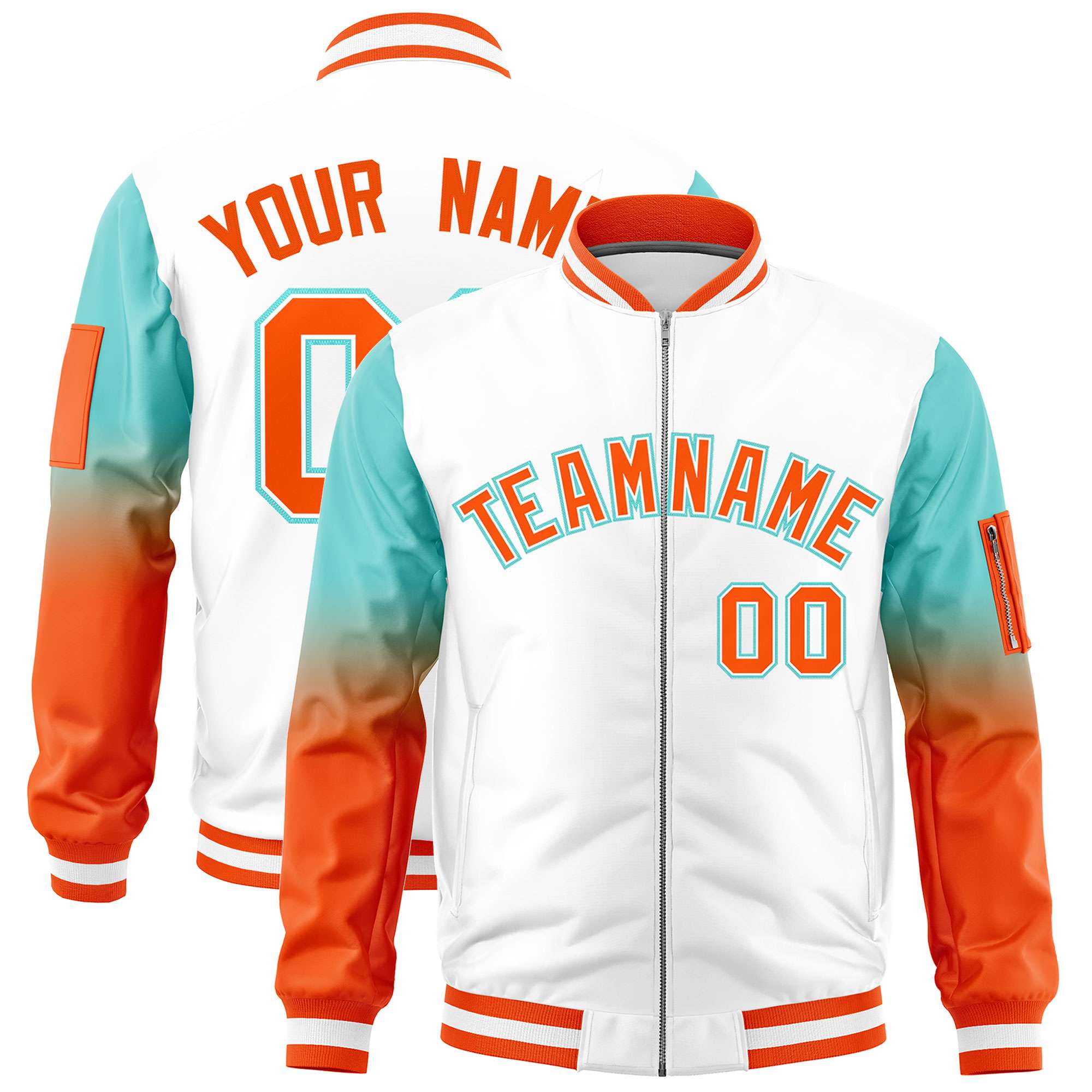 Custom White Bright Green-Orange Gaglan Sleeve Gradient Varsity Full-Zip Letterman Bomber Jacket