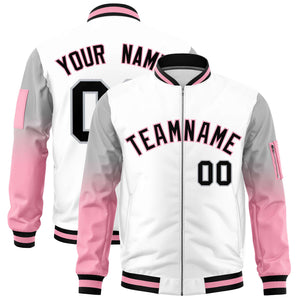 Custom White Silver-Light Pink Gaglan Sleeve Gradient Varsity Full-Zip Letterman Bomber Jacket