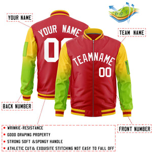 Custom Red Gold-Neon Green Gaglan Sleeve Gradient Varsity Full-Zip Letterman Bomber Jacket