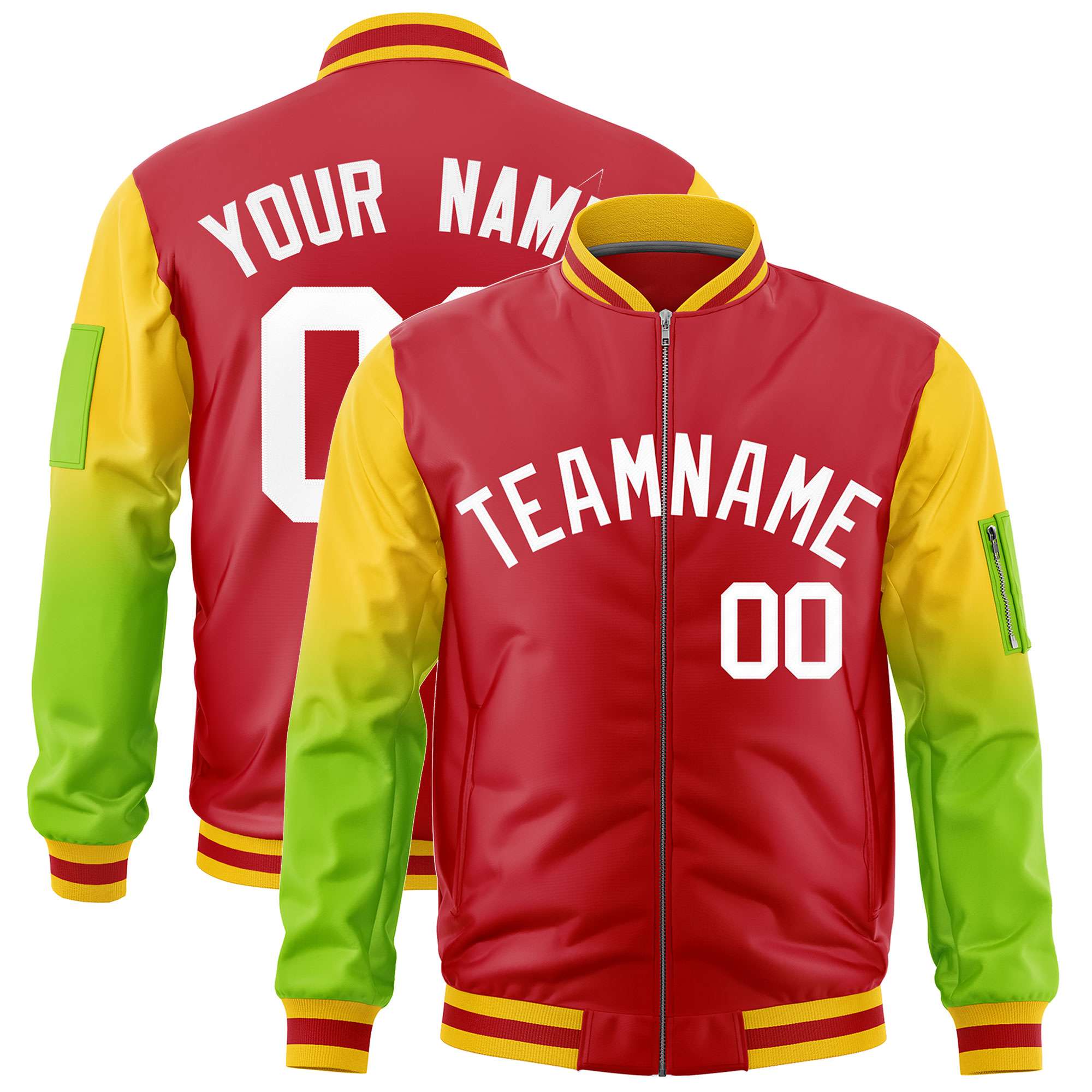 Custom Red Gold-Neon Green Gaglan Sleeve Gradient Varsity Full-Zip Letterman Bomber Jacket