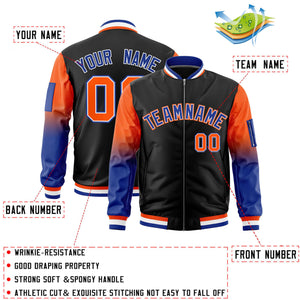 Custom Black Orange-Royal Gaglan Sleeve Gradient Varsity Full-Zip Letterman Bomber Jacket