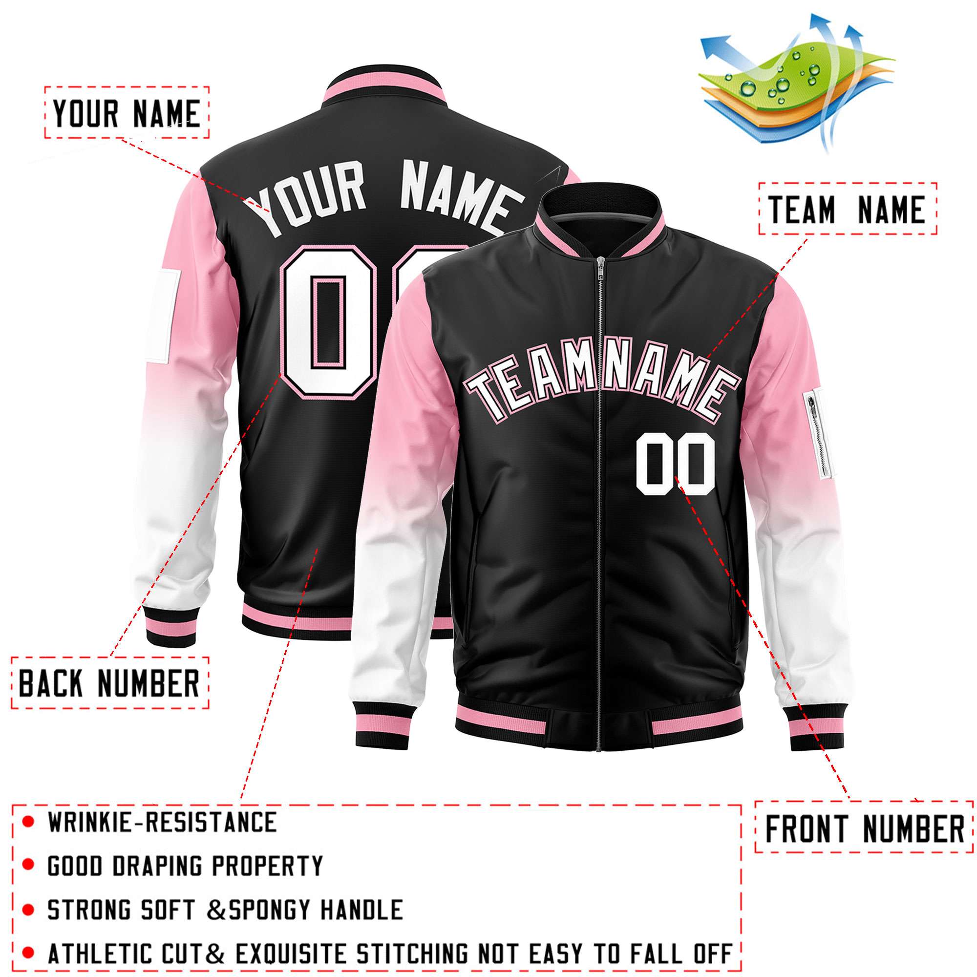 Custom Black Light Pink-White Gaglan Sleeve Gradient Varsity Full-Zip Letterman Bomber Jacket