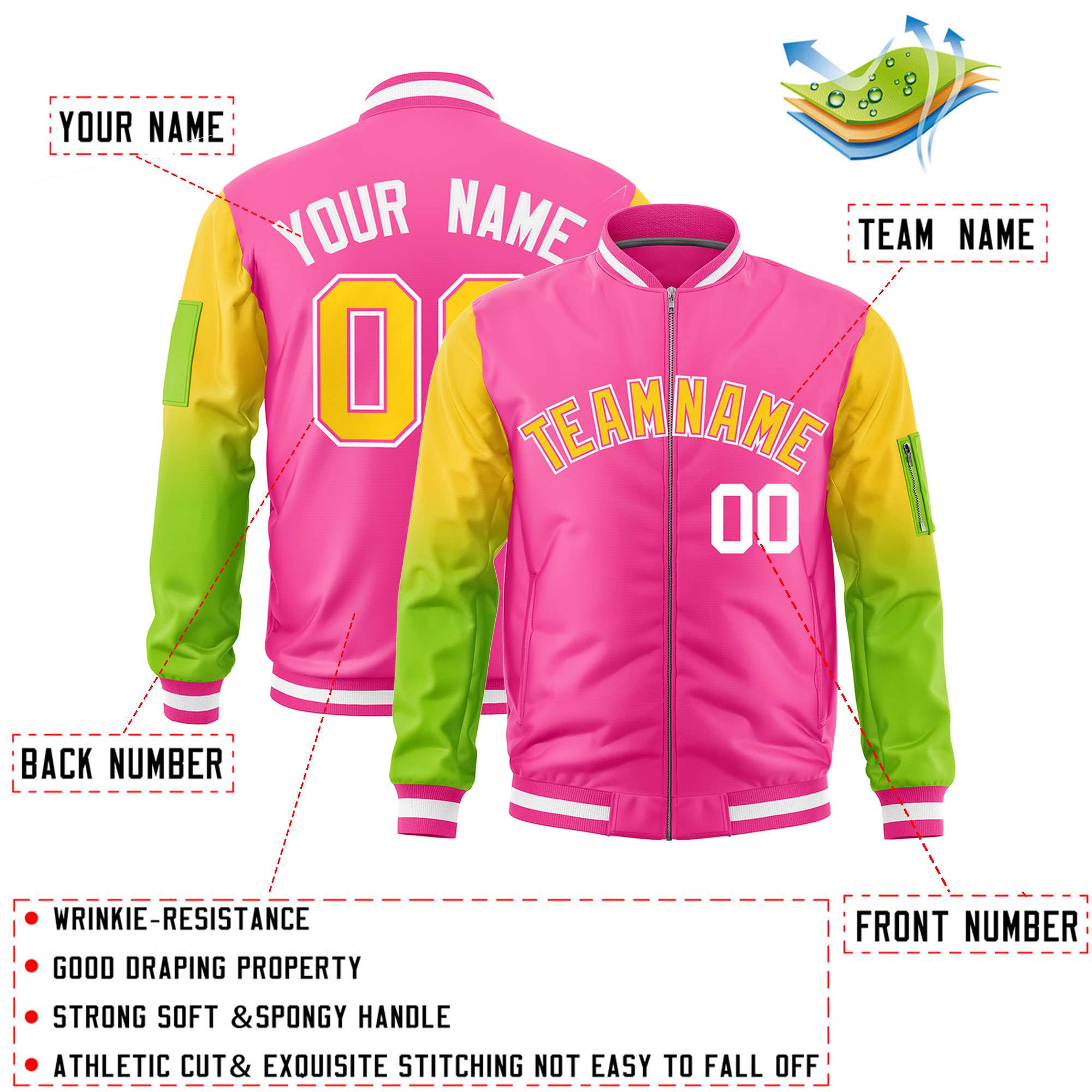 Custom Pink Gold-Neon Green Gaglan Sleeve Gradient Varsity Full-Zip Letterman Bomber Jacket