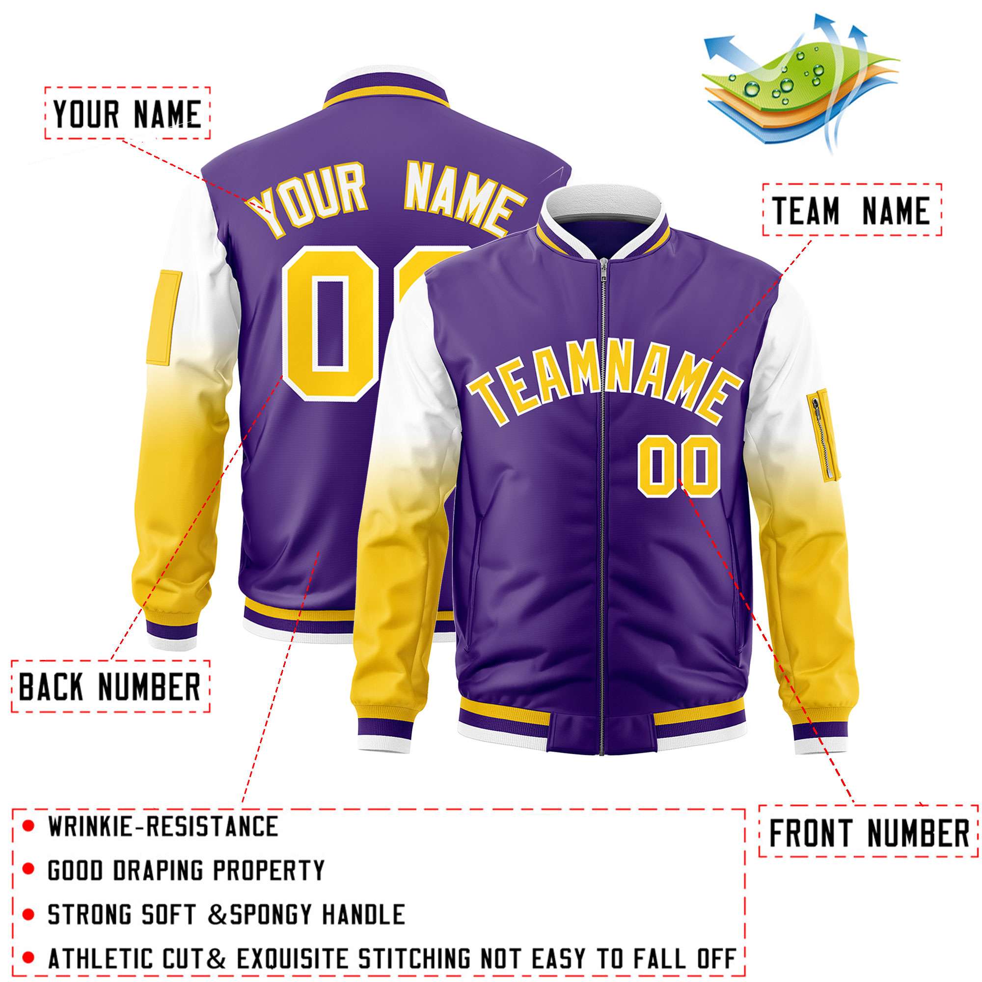 Custom Purple White-Gold Gaglan Sleeve Gradient Varsity Full-Zip Letterman Bomber Jacket