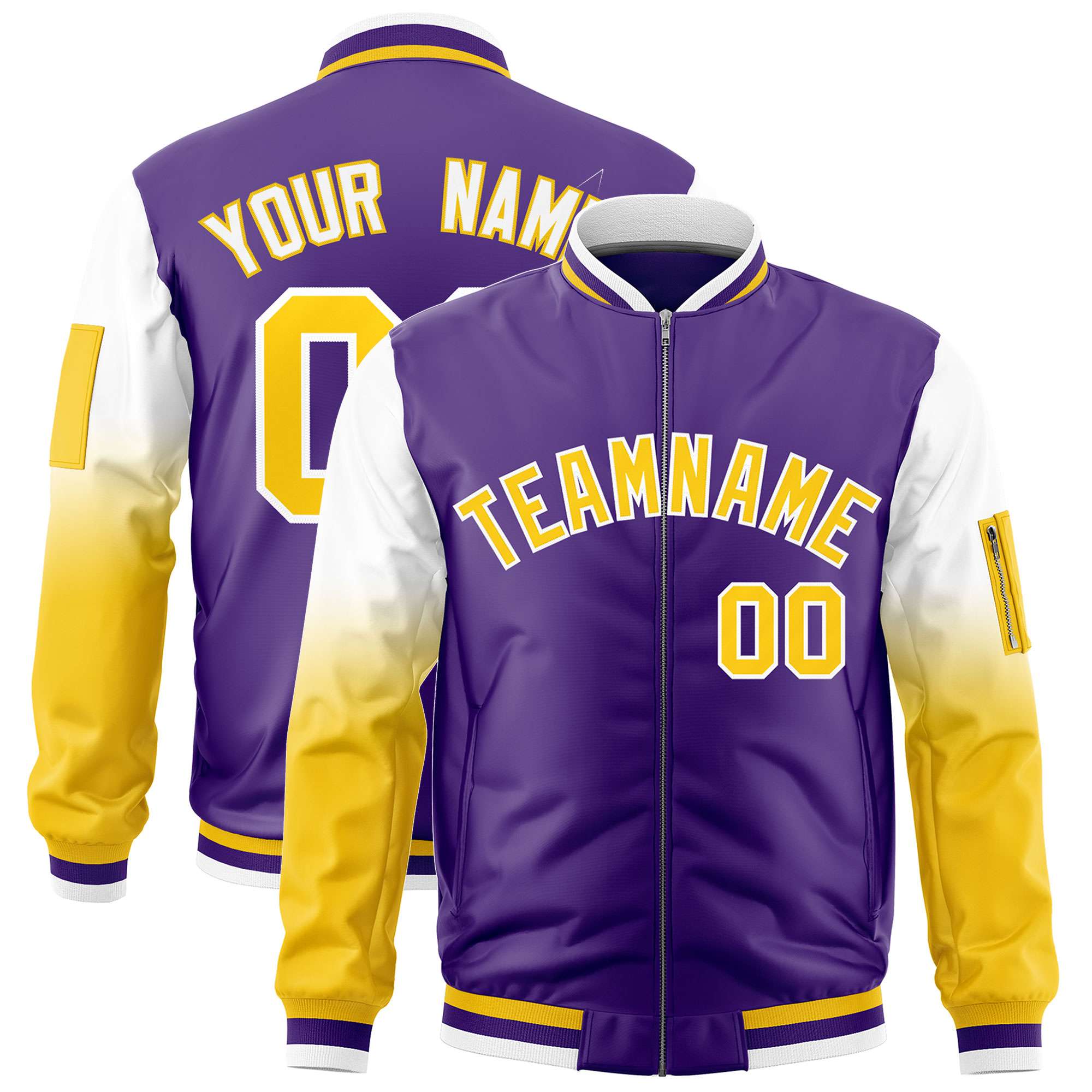 Custom Purple White-Gold Gaglan Sleeve Gradient Varsity Full-Zip Letterman Bomber Jacket