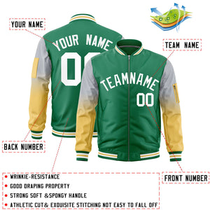 Custom Kelly Green Silver-Old Gold Gaglan Sleeve Gradient Varsity Full-Zip Letterman Bomber Jacket