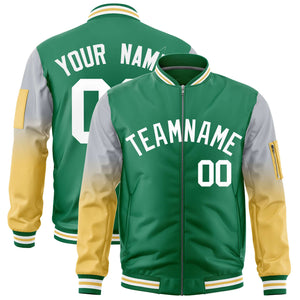 Custom Kelly Green Silver-Old Gold Gaglan Sleeve Gradient Varsity Full-Zip Letterman Bomber Jacket