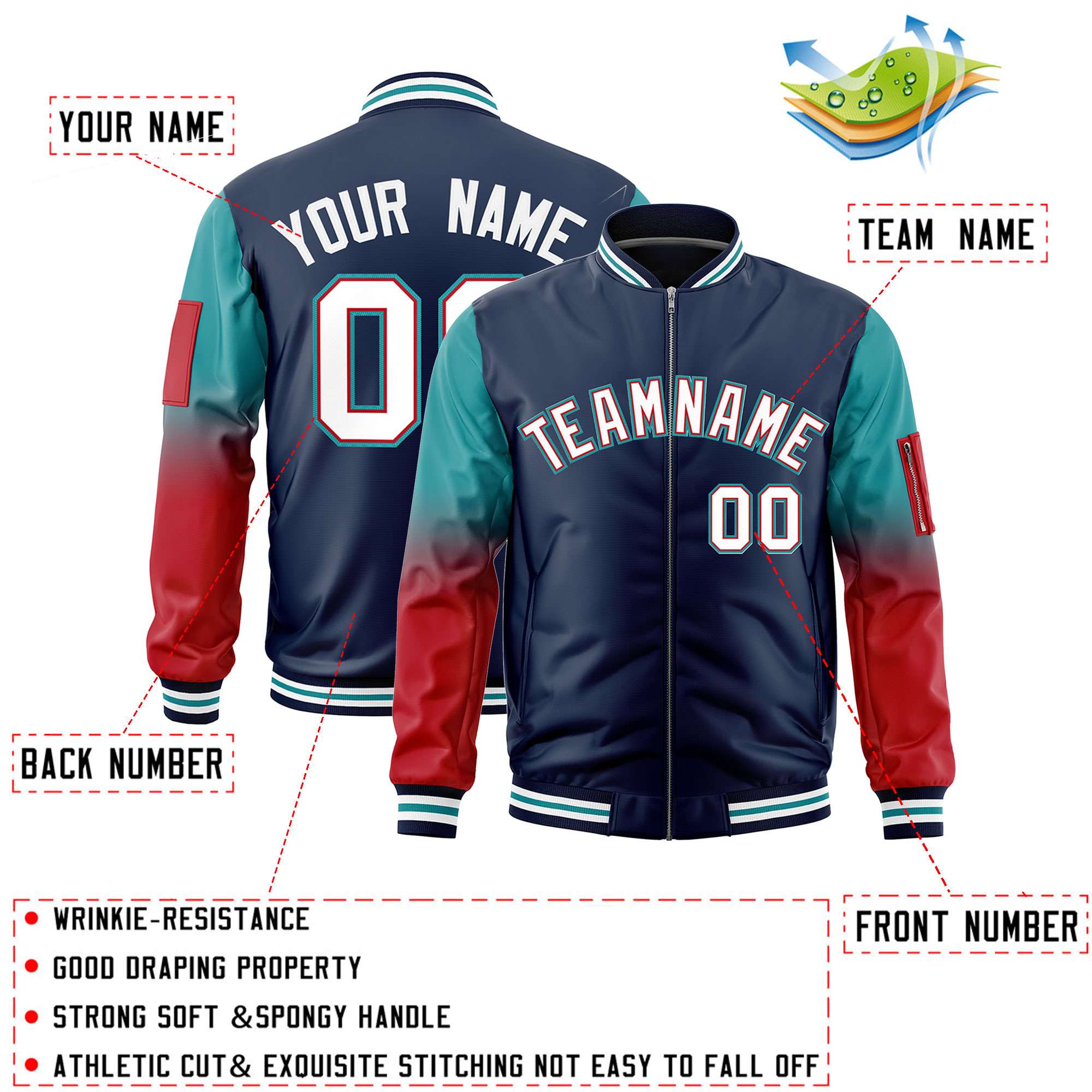 Custom Navy Aqua-Red Gaglan Sleeve Gradient Varsity Full-Zip Letterman Bomber Jacket