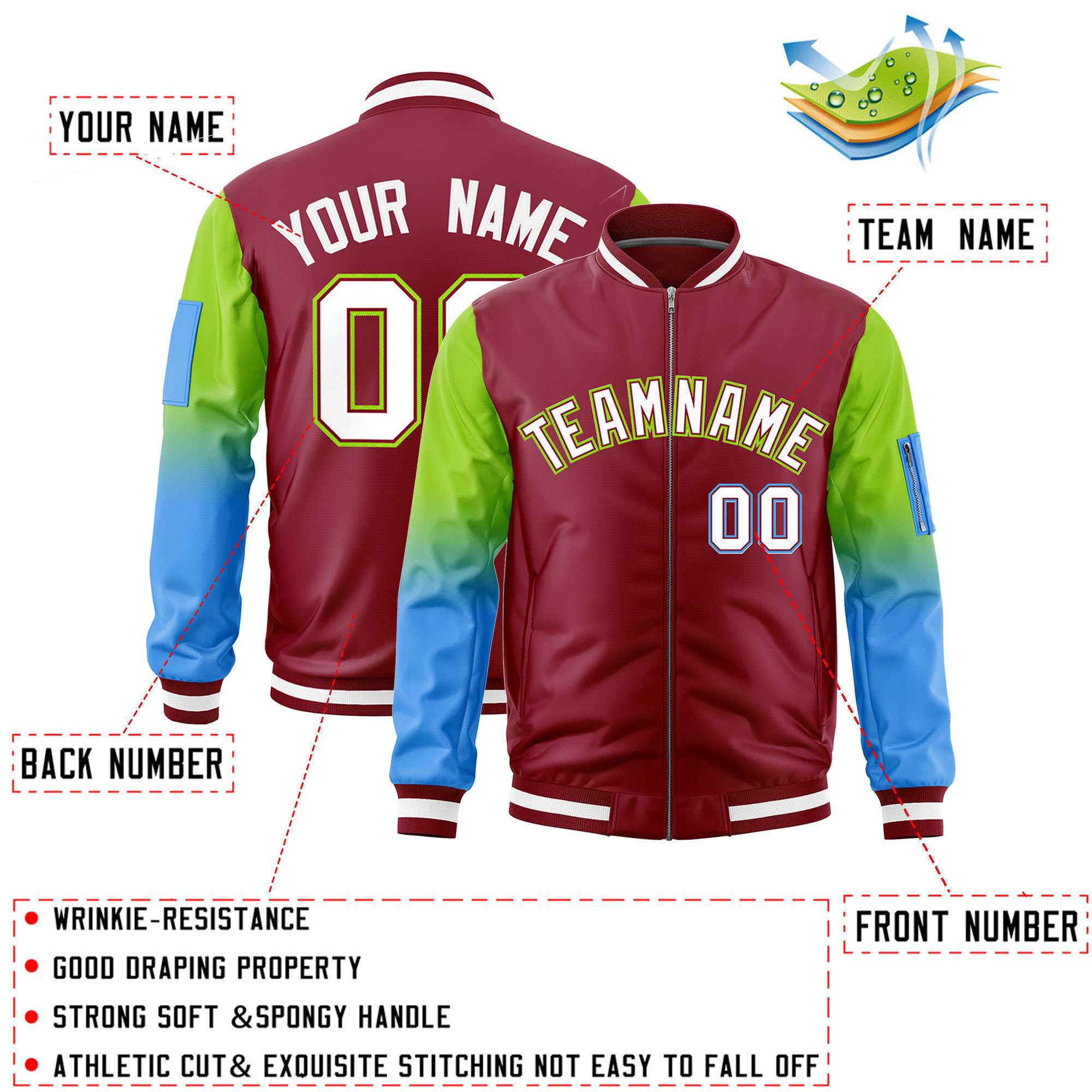 Custom Crimson Neon Green-Powder Blue Gaglan Sleeve Gradient Varsity Full-Zip Letterman Bomber Jacket