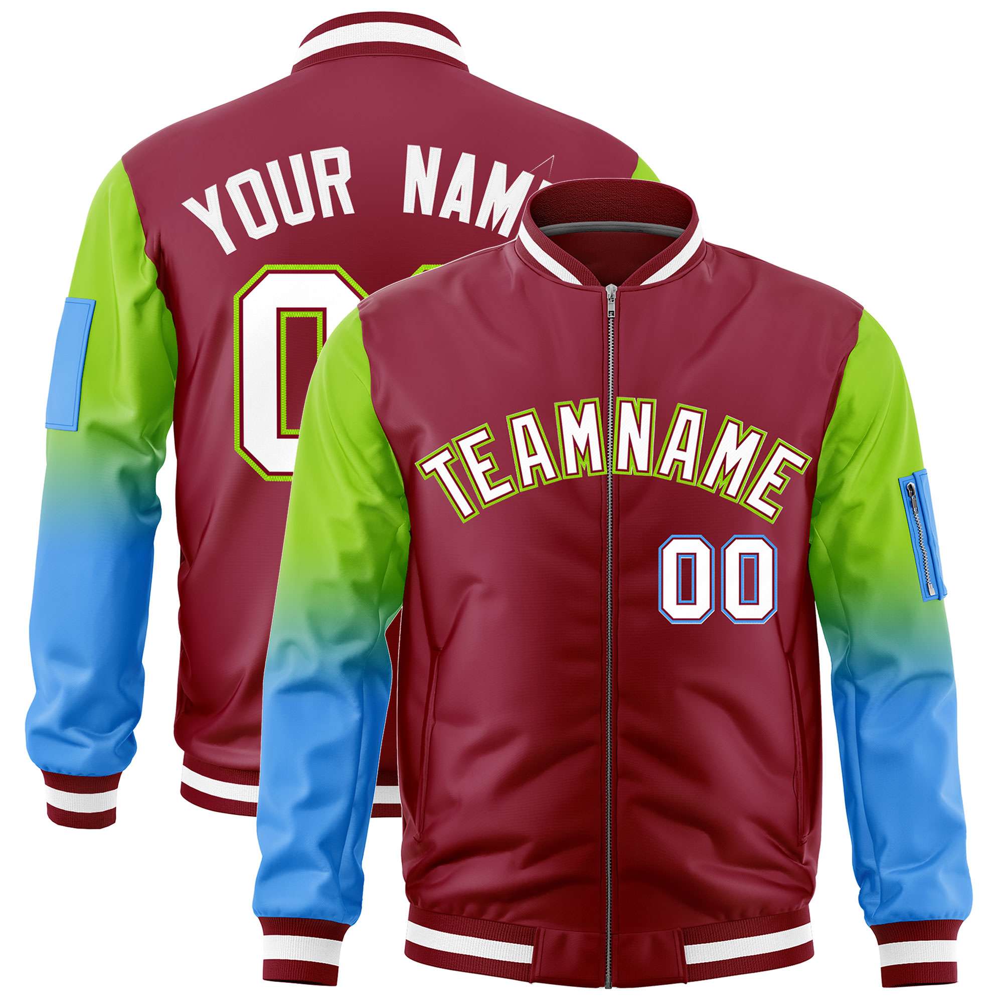 Custom Crimson Neon Green-Powder Blue Gaglan Sleeve Gradient Varsity Full-Zip Letterman Bomber Jacket