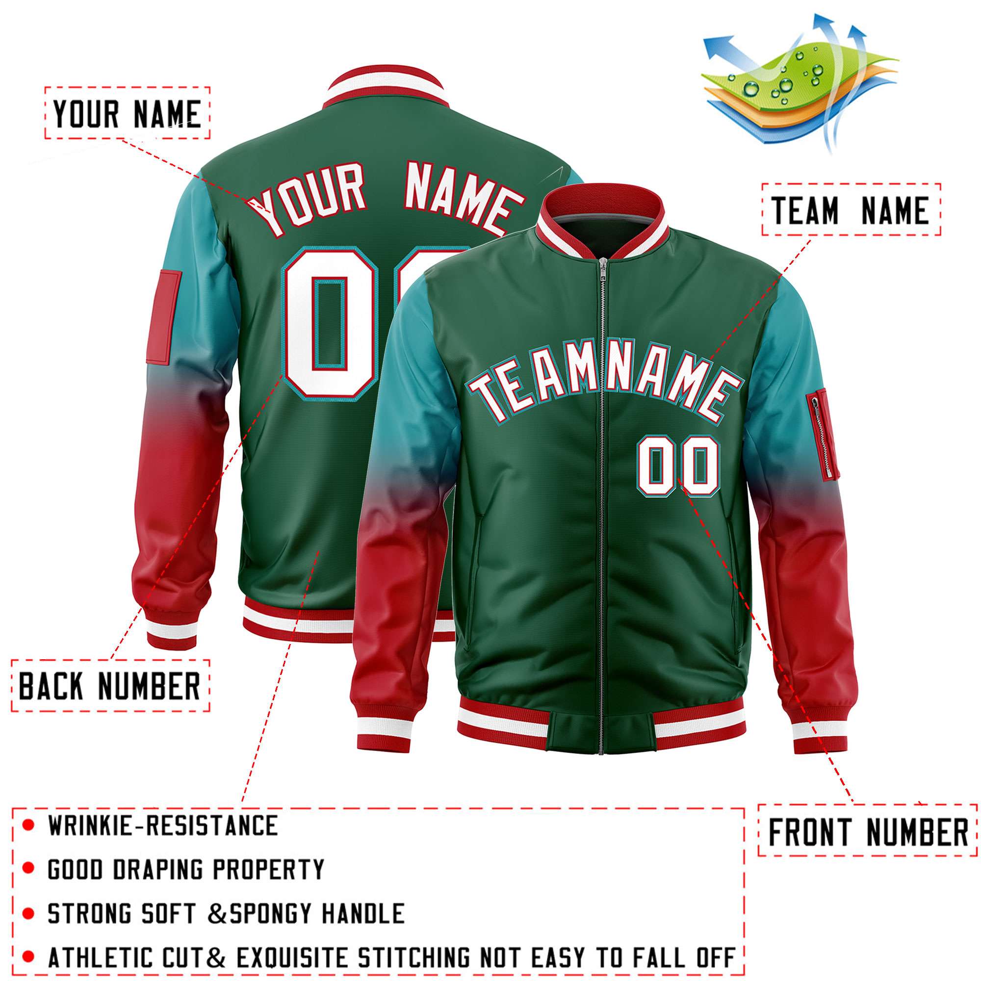 Custom Green Aqua-Red Gaglan Sleeve Gradient Varsity Full-Zip Letterman Bomber Jacket