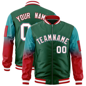 Custom Green Aqua-Red Gaglan Sleeve Gradient Varsity Full-Zip Letterman Bomber Jacket