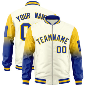 Custom Cream Gold-Royal Gaglan Sleeve Gradient Varsity Full-Zip Letterman Bomber Jacket