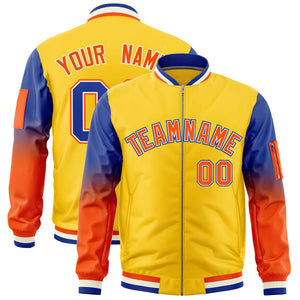 Custom Gold Royal-Orange Gaglan Sleeve Gradient Varsity Full-Zip Letterman Bomber Jacket