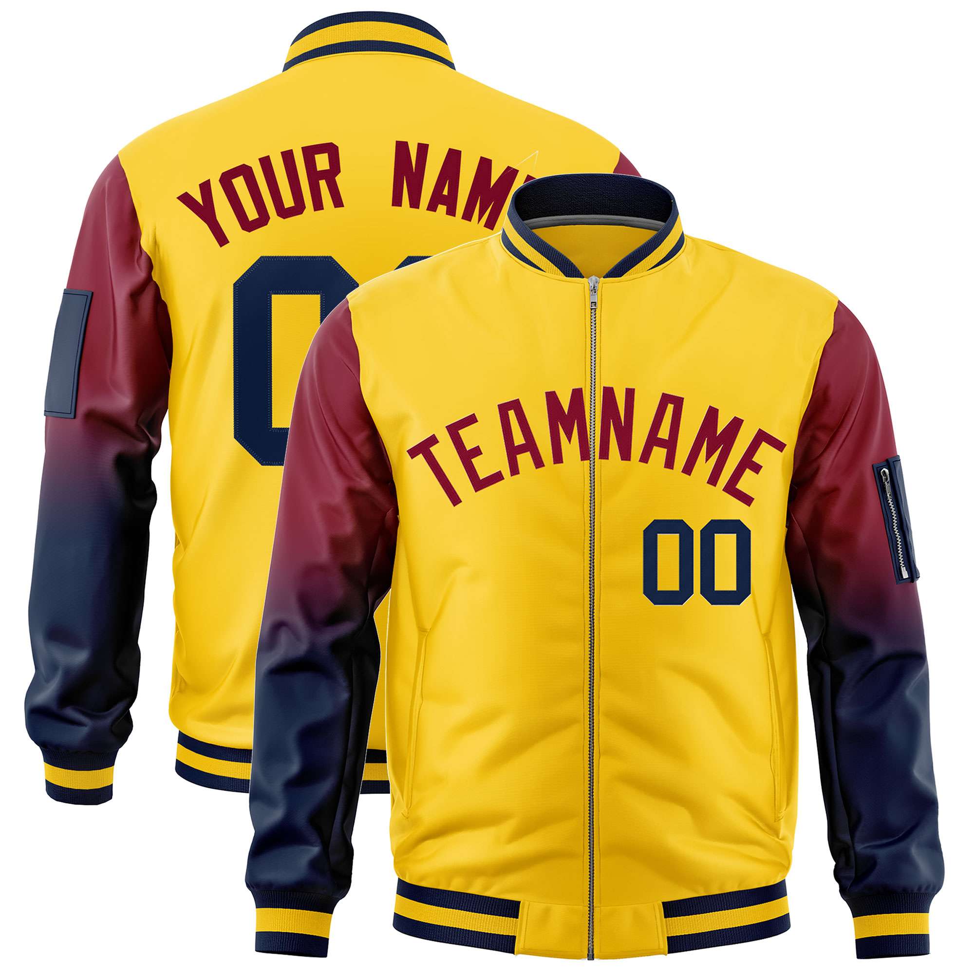 Custom Gold Crimson-Navy Gaglan Sleeve Gradient Varsity Full-Zip Letterman Bomber Jacket