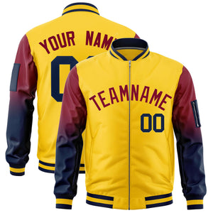 Custom Gold Crimson-Navy Gaglan Sleeve Gradient Varsity Full-Zip Letterman Bomber Jacket