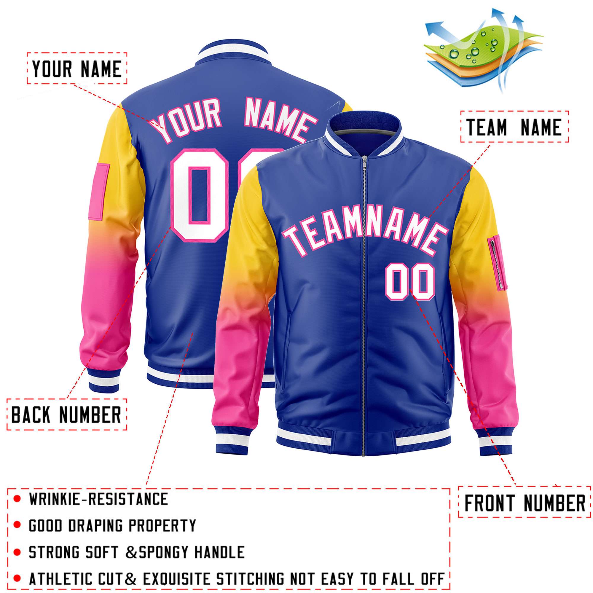 Custom Royal Gold-Pink Gaglan Sleeve Gradient Varsity Full-Zip Letterman Bomber Jacket